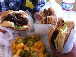 From L-R: Two Double Bacon Cheeseburgers and Chicken Burger w/ Cheese Jalapeno Fries