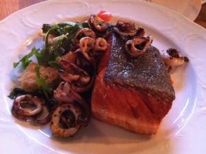 Cast Iron Roasted King Salmon, Tomato, Cucumber Panzerella