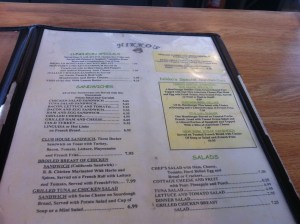 Menu 1 of 2 (The Specialty Sandwich soon to be discovered as... an Omelette Sandwich w/ Side of Fries and Pickles)