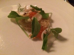 Trout Roe: Pearl, Onion, Buttermilk (not mentioned is the miniature crispy potatoes and garnished veggies)