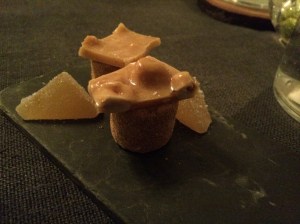 White Pear Pattafouille, hazelnut brittle and white chocolate ganache (underneath the brittle)