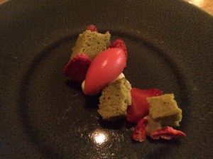 Bee Pollen and White Chocolate Cremeaux, Strawberries, Steamed Matcha Sponge
