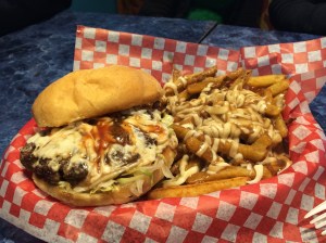 Poutine Burger w/ "Poutine Style (aka melted white cheese not curds" fries on the size